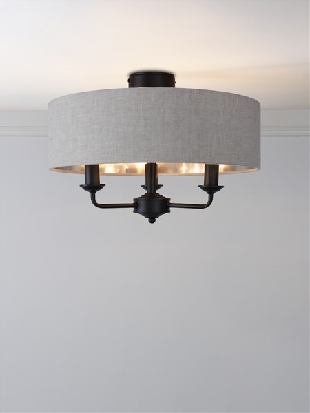 (image for) Laura Ashley Sorrento 3 Light Semi-Flush Matt Black With Natural Shade